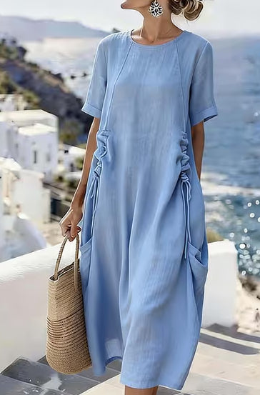 Abito midi donna in cotone lino con maniche corte - Traspirante e rilassato