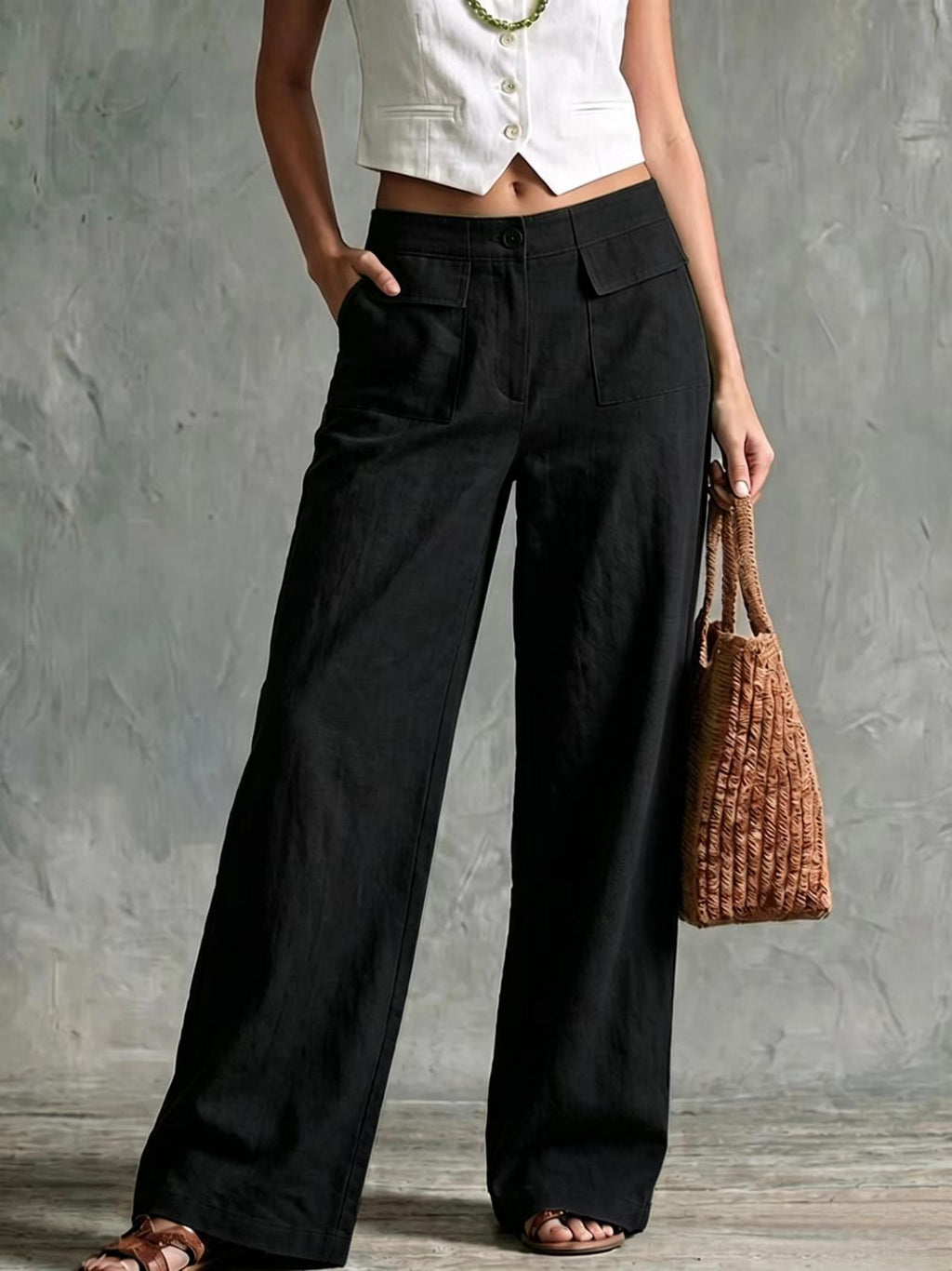 Womens Solid-color Fashionable Loose Casual Elastic-waist Trousers