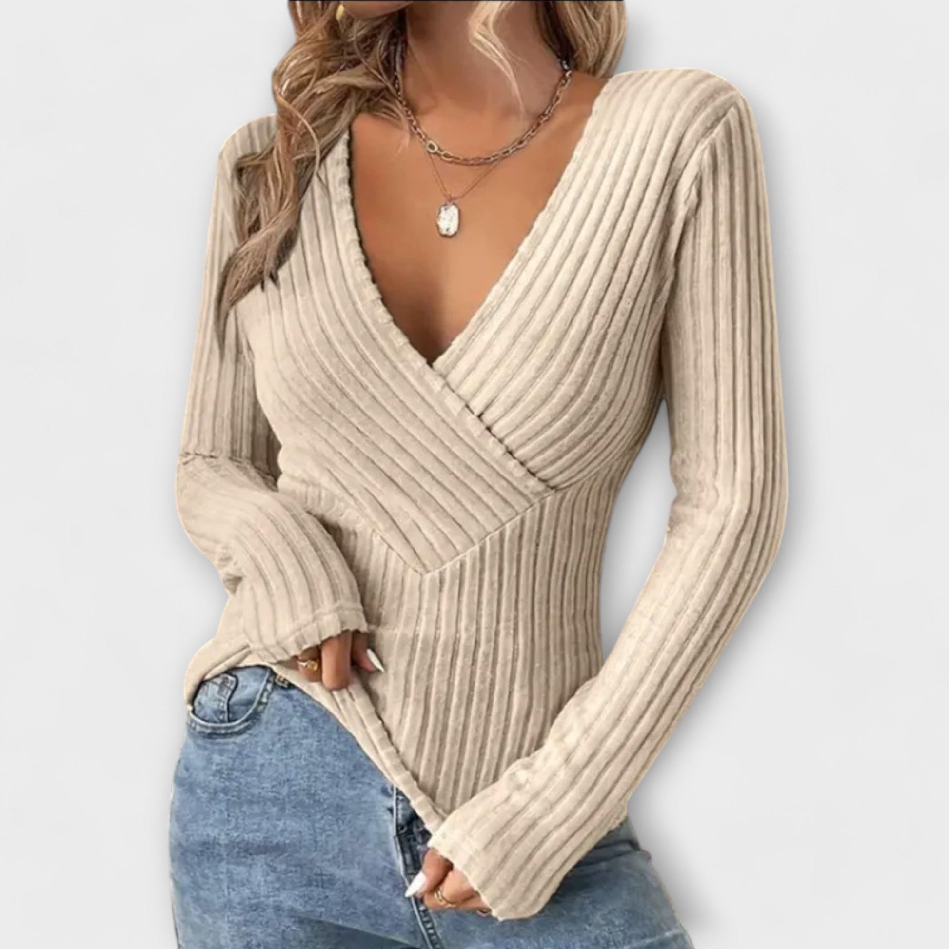 Maglione da donna con scollo a V intrecciato – Maglia a coste a maniche lunghe