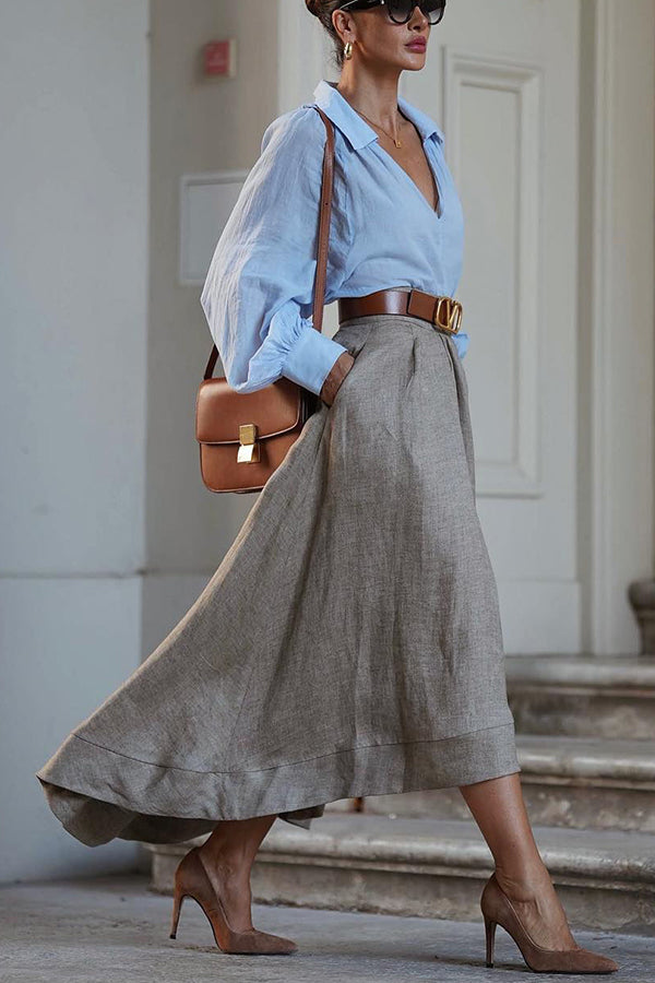 Gonna lunga da donna in misto lino – Design asimmetrico con elastico in vita e tasche