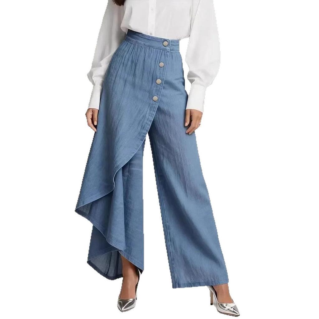 Pantaloni in finto denim a gamba dritta da donna – Pantaloni alla moda con bottoni arricciati
