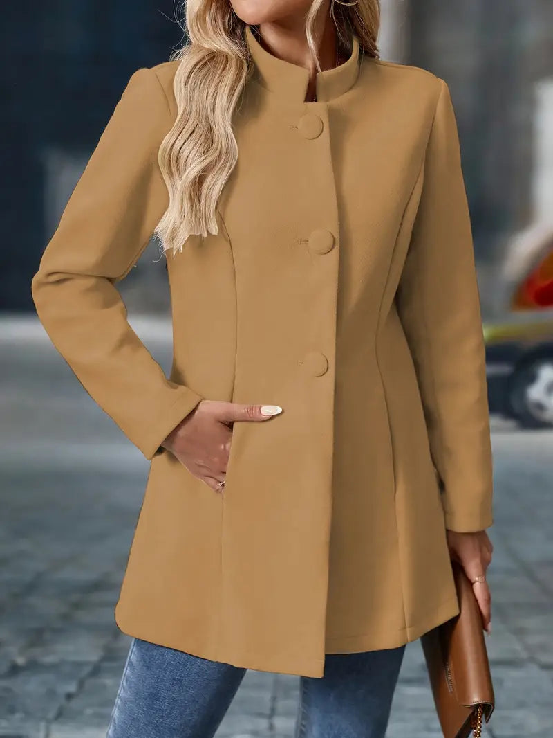 Elegante cappotto invernale di media lunghezza per donna – Cappotto con collo alto e bottoni