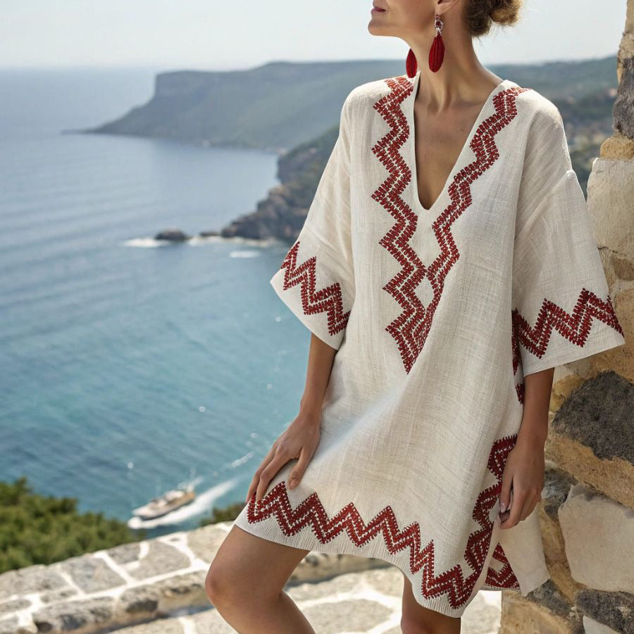 Tunica caftano ricamata da donna – avorio e rosso, scollo a V chevron, stile spiaggia