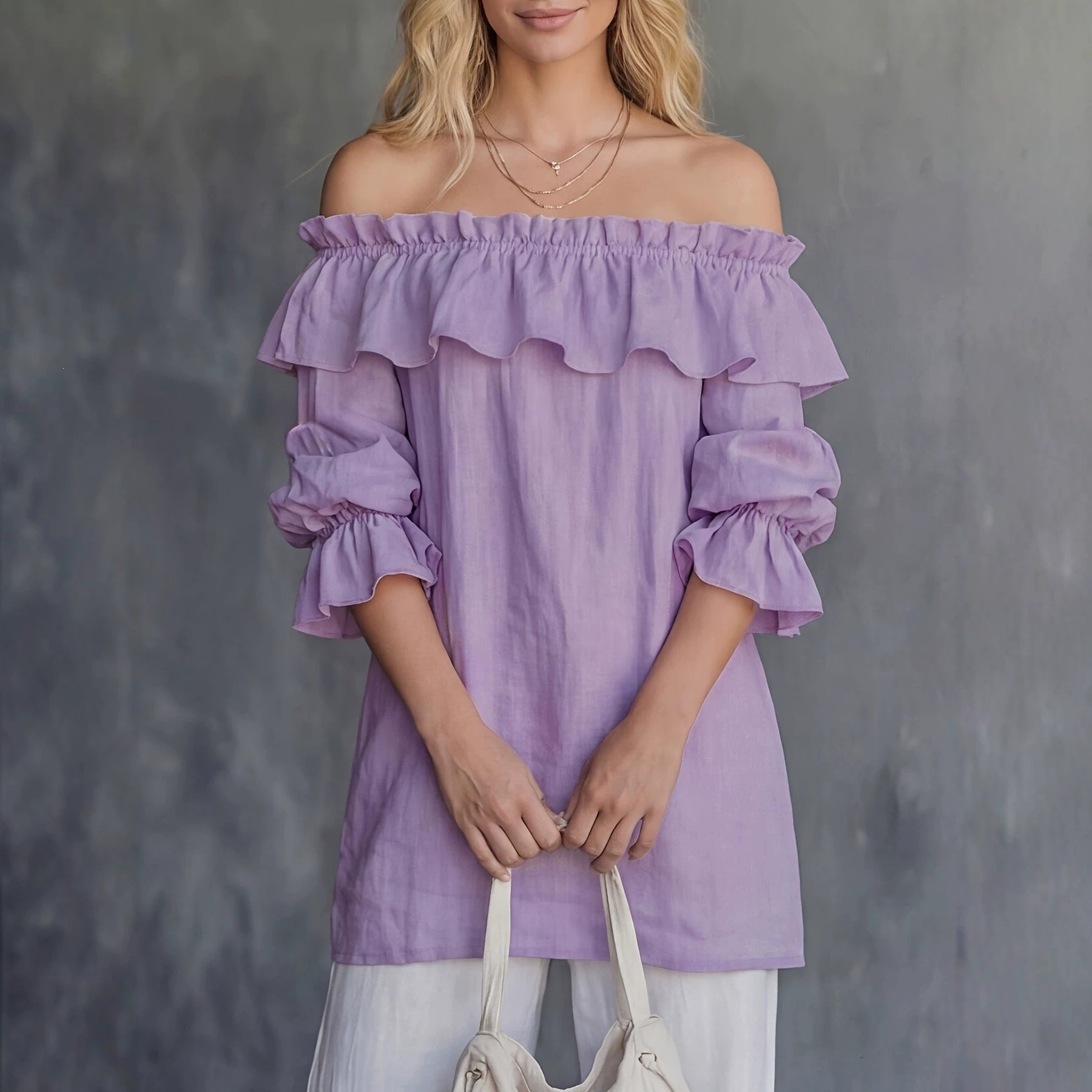 Blusa donna monospalla con volant e maniche a sbuffo - Fluida ed elegante