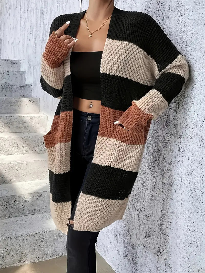 Cardigan femme à manches longues rayé et coupe ample – Style décontracté et confortable, disponible en trois couleurs