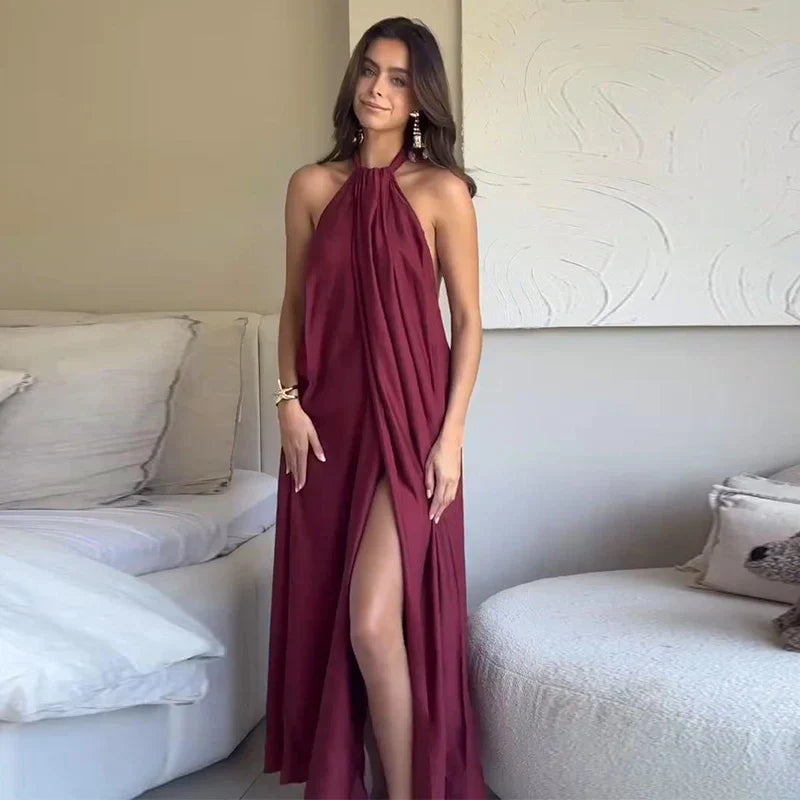 Abito maxi da donna halter drappeggiato con apertura - Elegante e raffinato