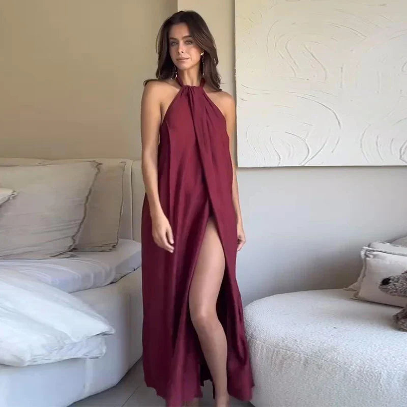 Abito maxi da donna halter drappeggiato con apertura - Elegante e raffinato