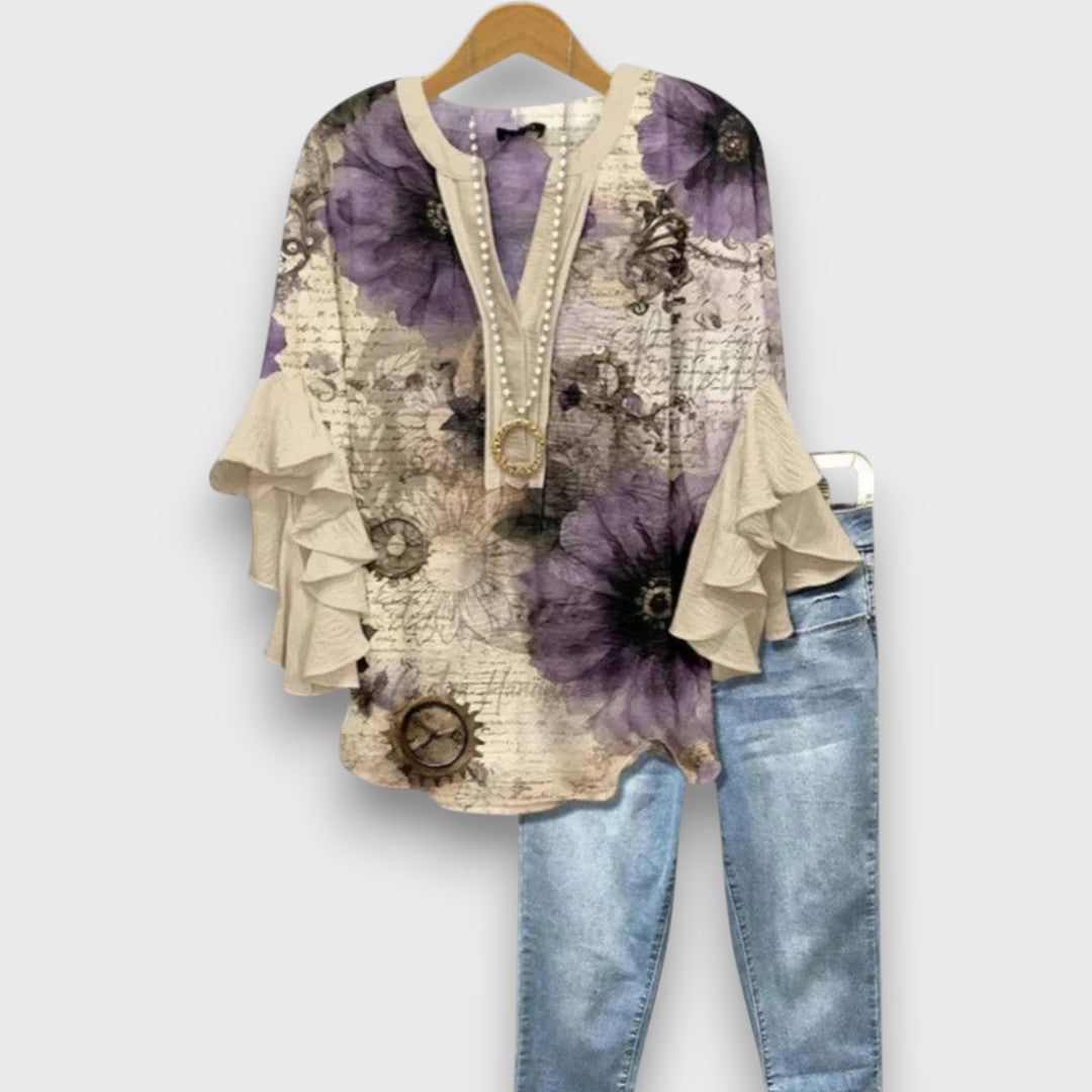 Camicetta floreale da donna con scollo a V e maniche a volant - Leggera e romantica