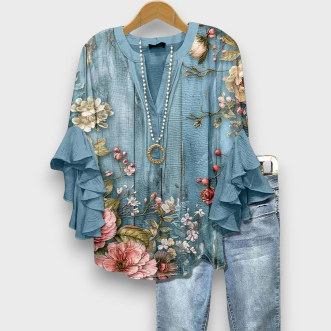 Camicetta floreale da donna con scollo a V e maniche a volant - Leggera e romantica