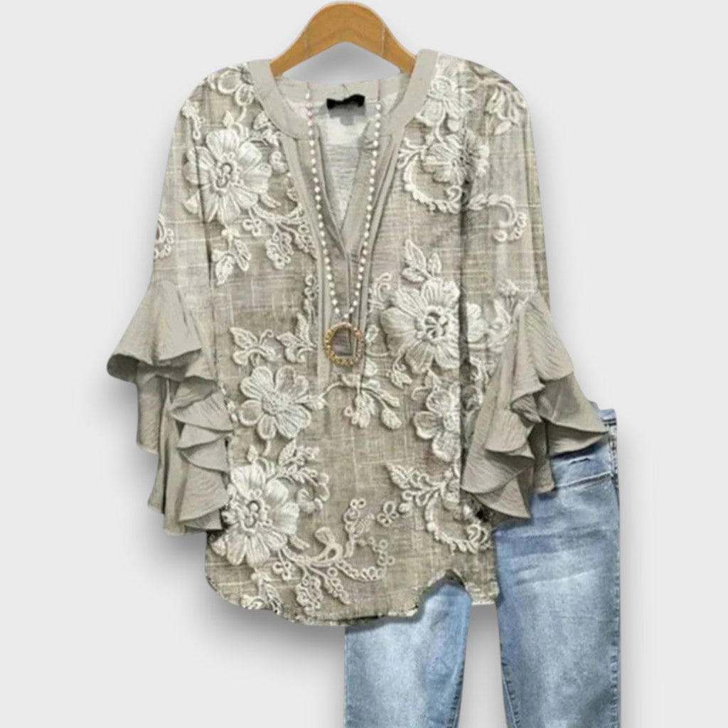 Camicetta floreale da donna con scollo a V e maniche a volant - Leggera e romantica
