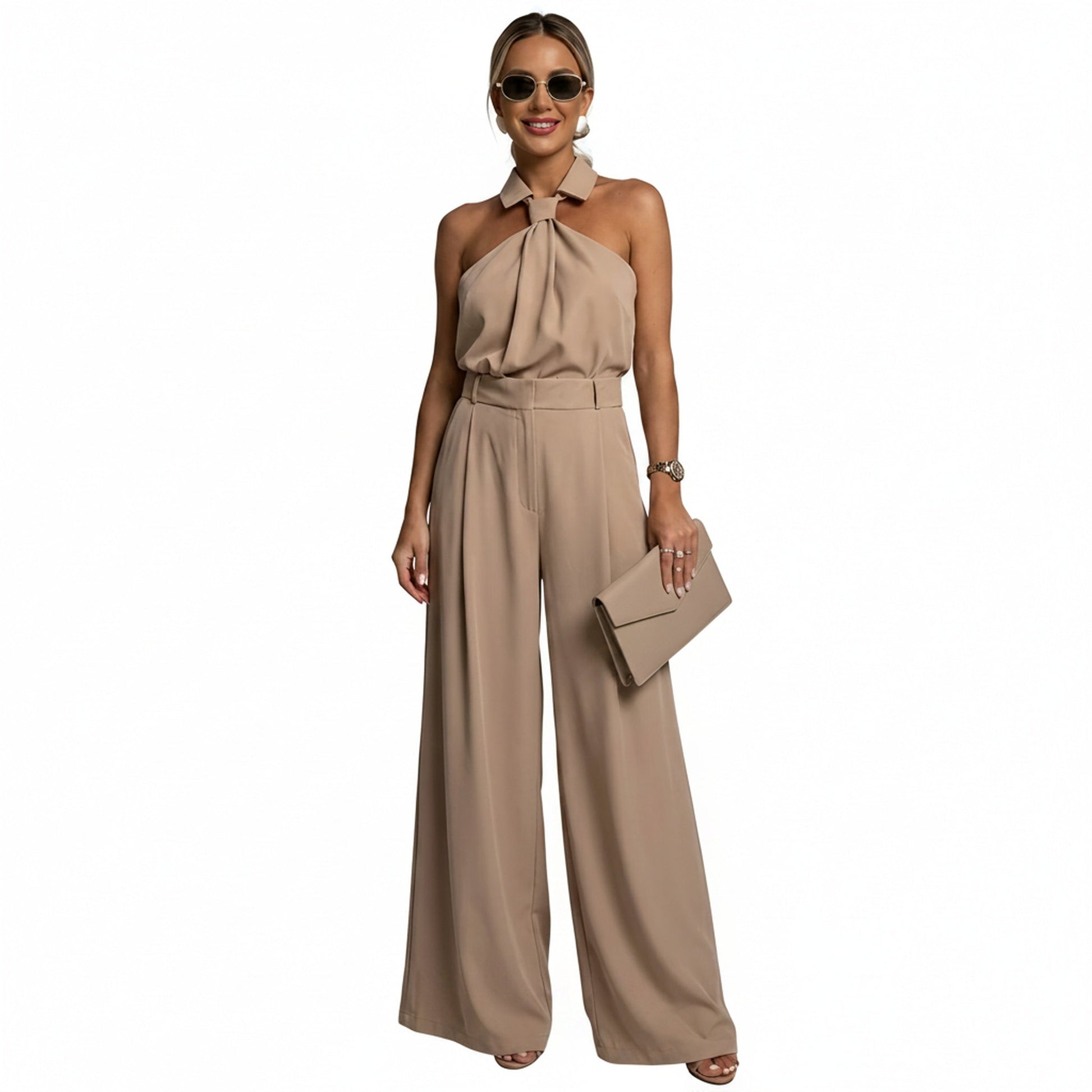 Tuta donna con collo all'americana e gamba ampia - Elegante e fluida
