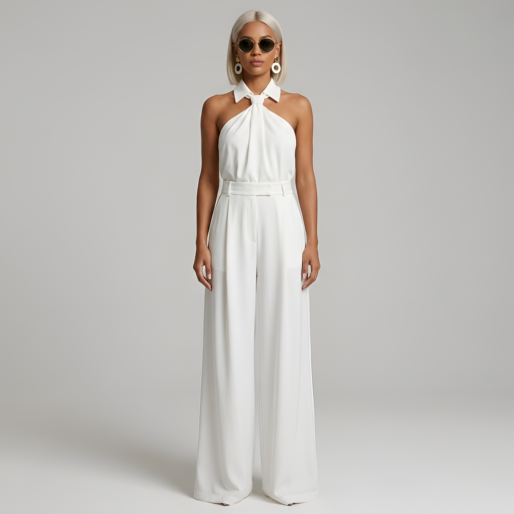 Tuta donna con collo all'americana e gamba ampia - Elegante e fluida