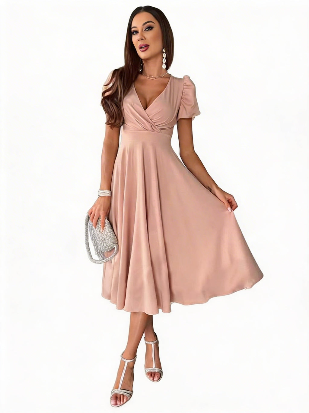 Abito midi da donna con maniche a sbuffo - Elegante e svasato
