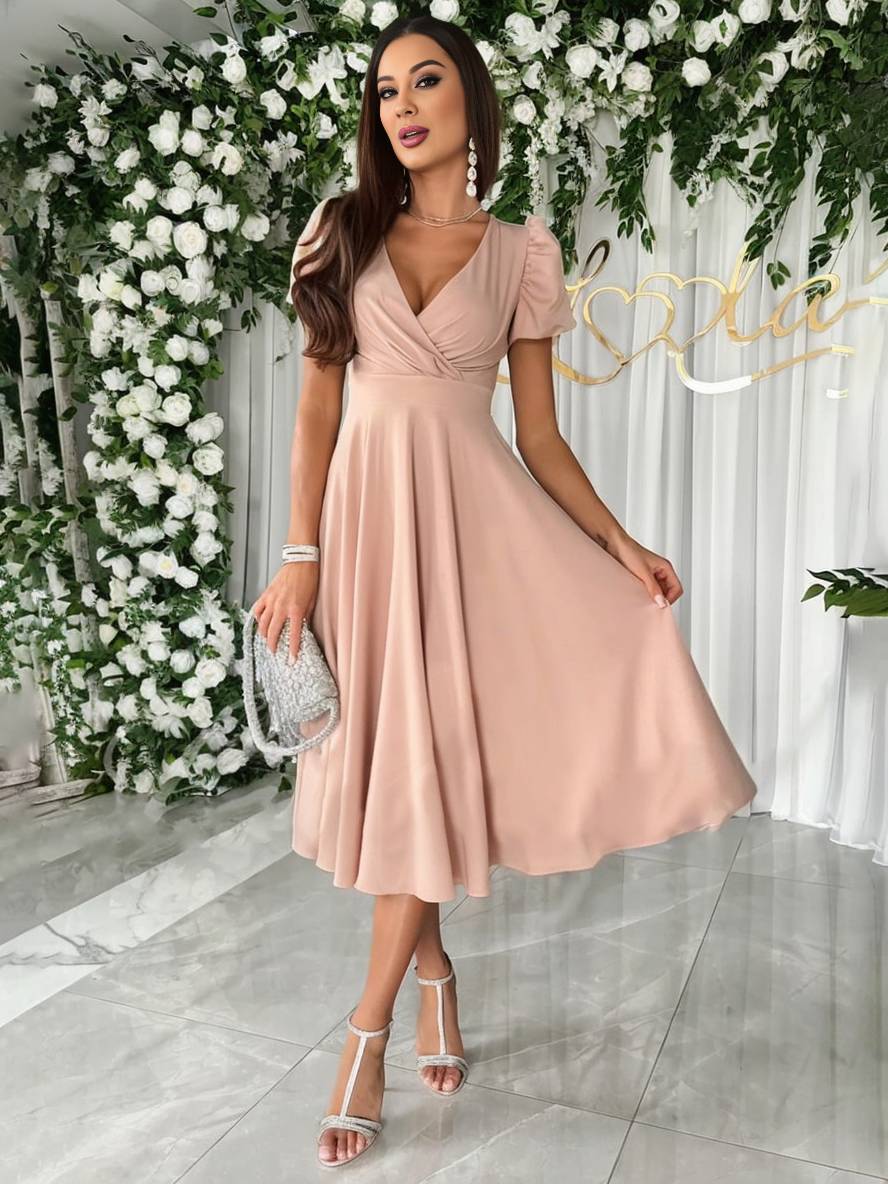 Abito midi da donna con maniche a sbuffo - Elegante e svasato