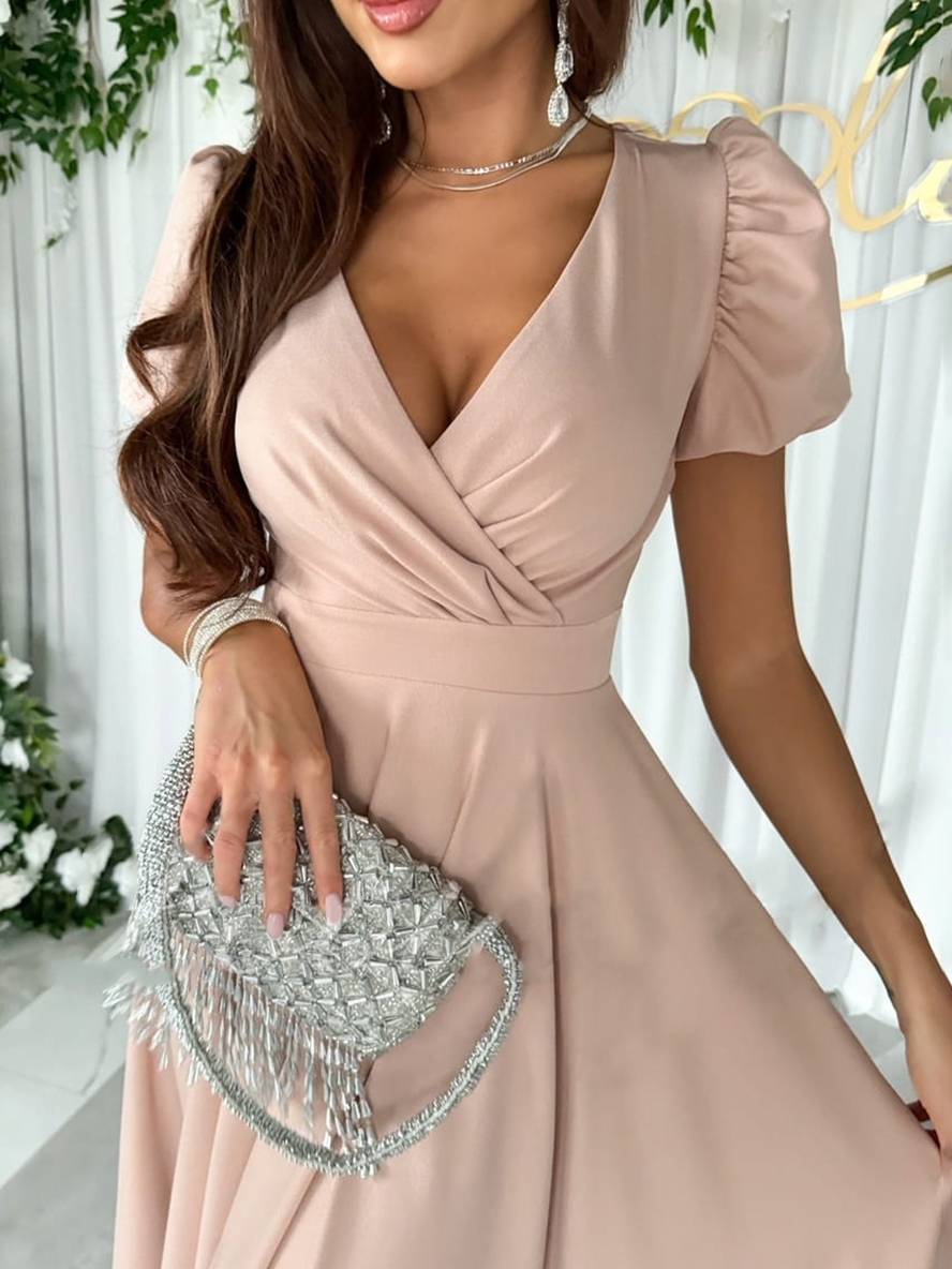 Abito midi da donna con maniche a sbuffo - Elegante e svasato