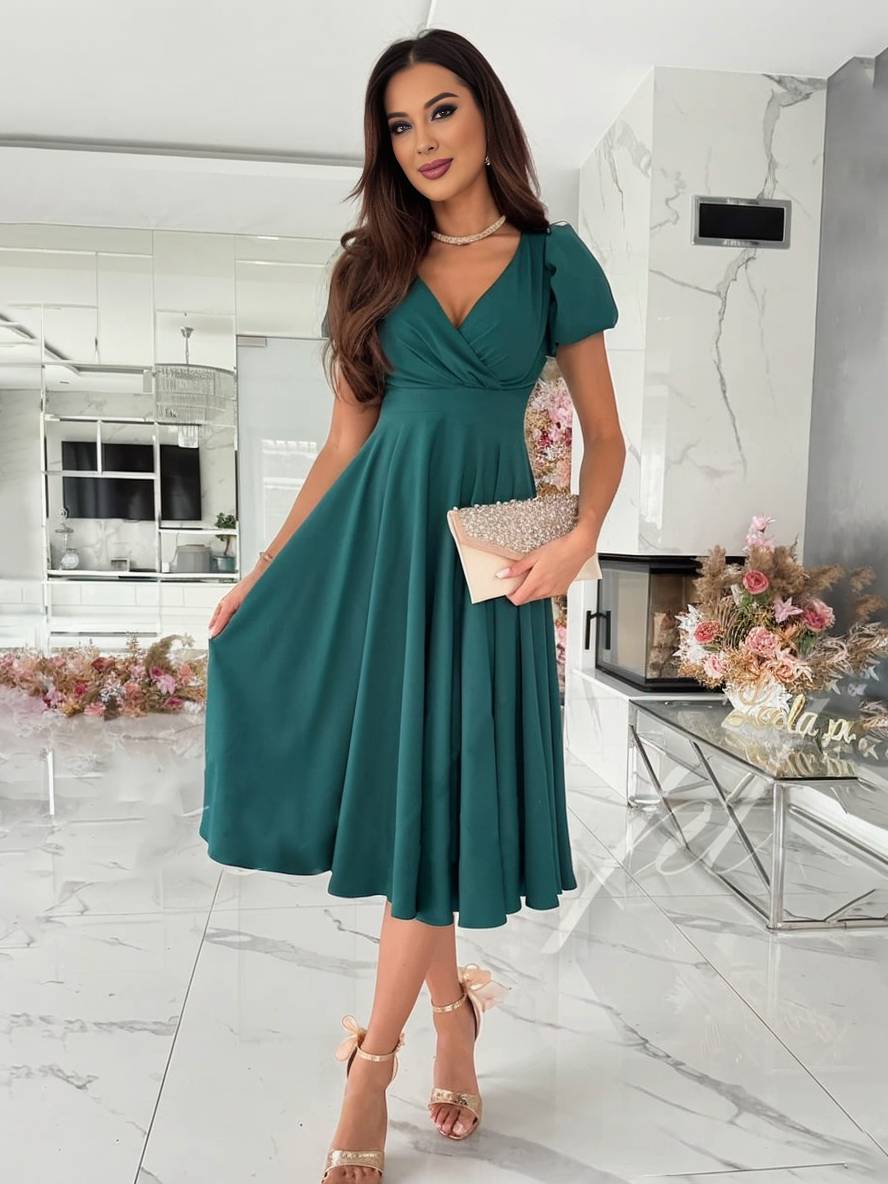 Abito midi da donna con maniche a sbuffo - Elegante e svasato