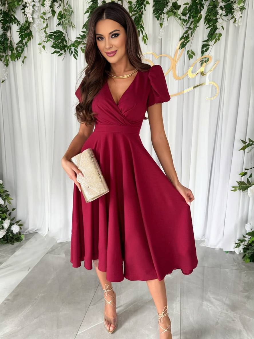 Abito midi da donna con maniche a sbuffo - Elegante e svasato
