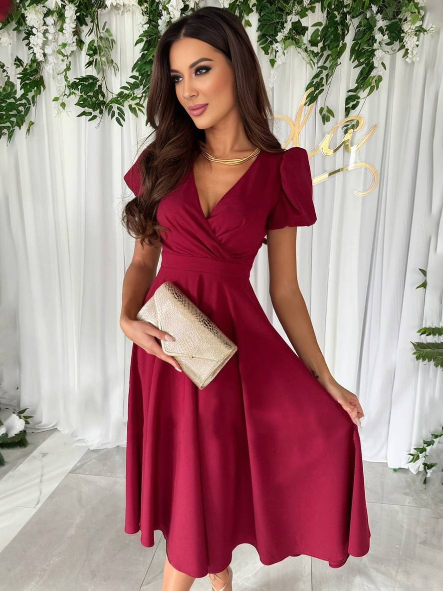 Abito midi da donna con maniche a sbuffo - Elegante e svasato