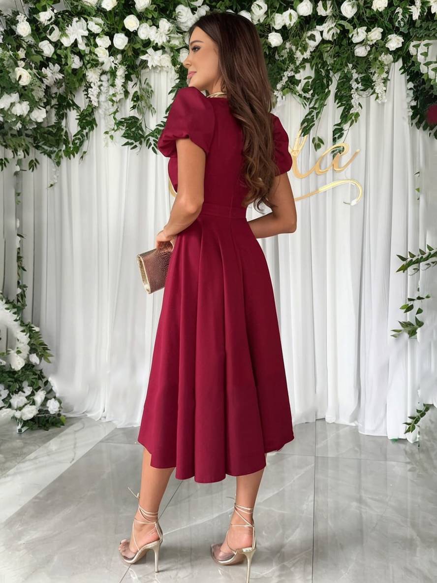 Abito midi da donna con maniche a sbuffo - Elegante e svasato
