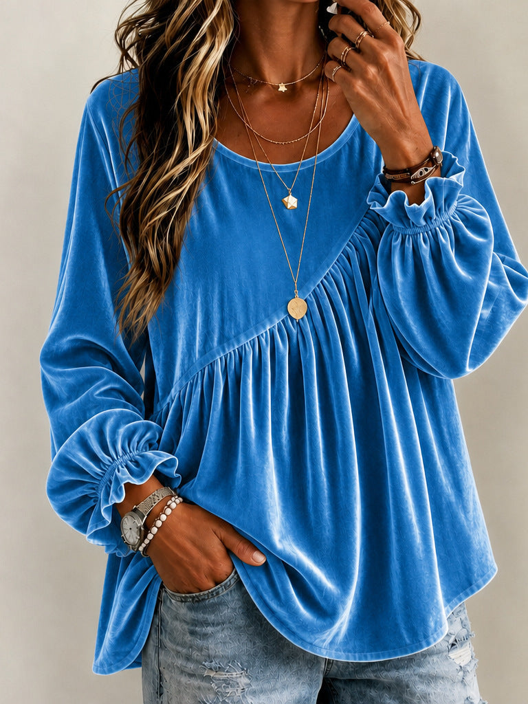 Top Donna in Velluto con Collo Rotondo e Volant – Stile Elegante Vestibilità Morbida
