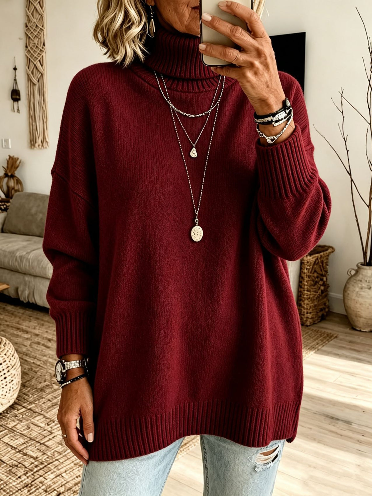 Pull femme ample à col roulé - Chaud et facile à porter