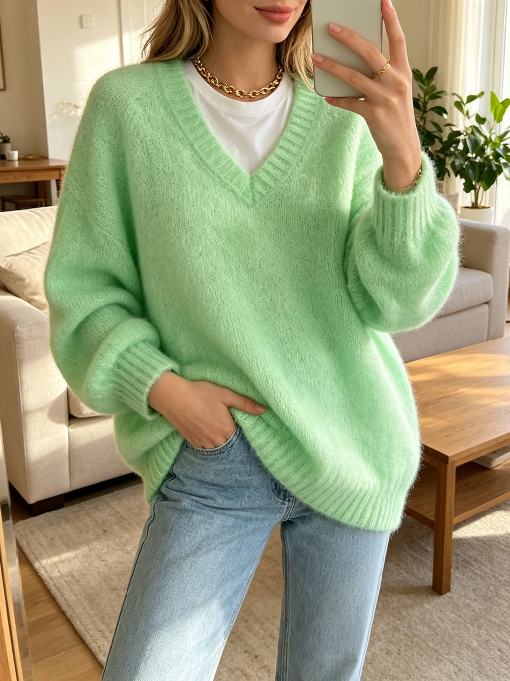 Pull femme ample à col V - Doux et décontracté