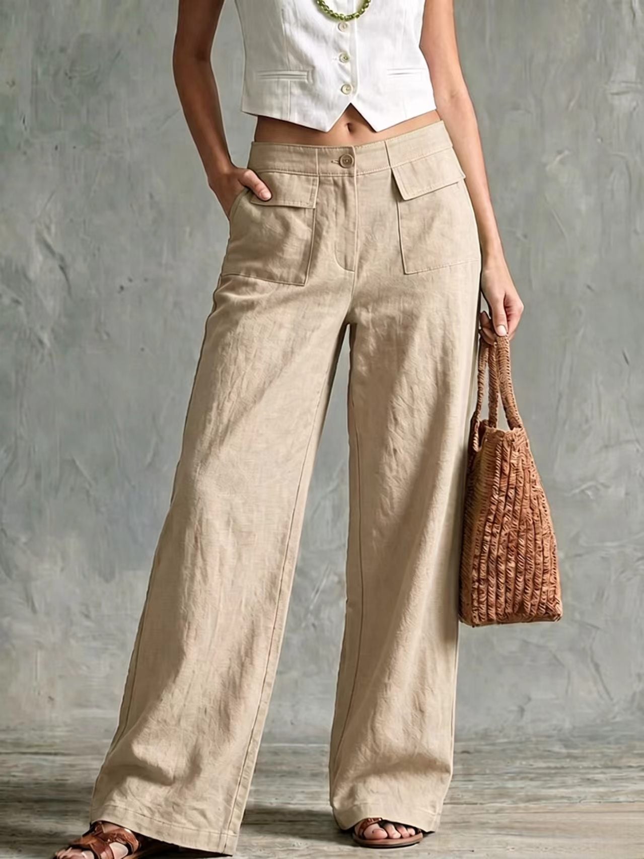 Womens Solid-color Fashionable Loose Casual Elastic-waist Trousers