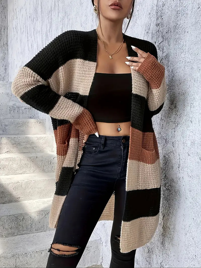 Cardigan femme à manches longues rayé et coupe ample – Style décontracté et confortable, disponible en trois couleurs