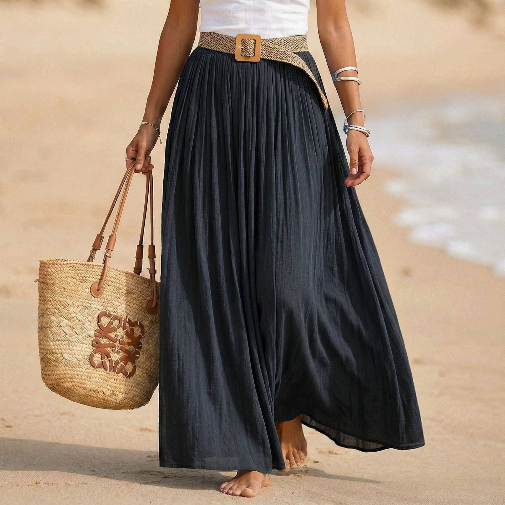 Abito maxi donna svasato con vita morbida stile mare