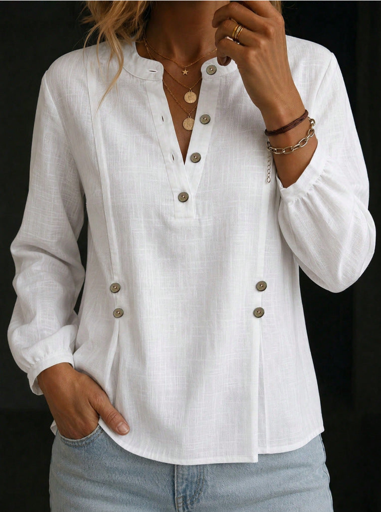 Camicia da donna in cotone e lino con collo alla mandarina – Modello casual estivo a maniche lunghe