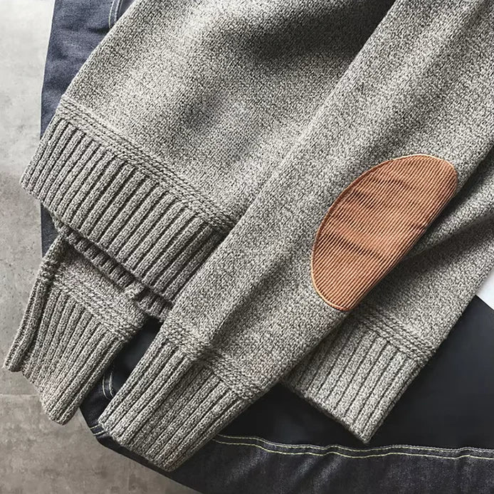 Maglione lavorato a maglia premium da uomo – Maglione marrone con toppe sui gomiti