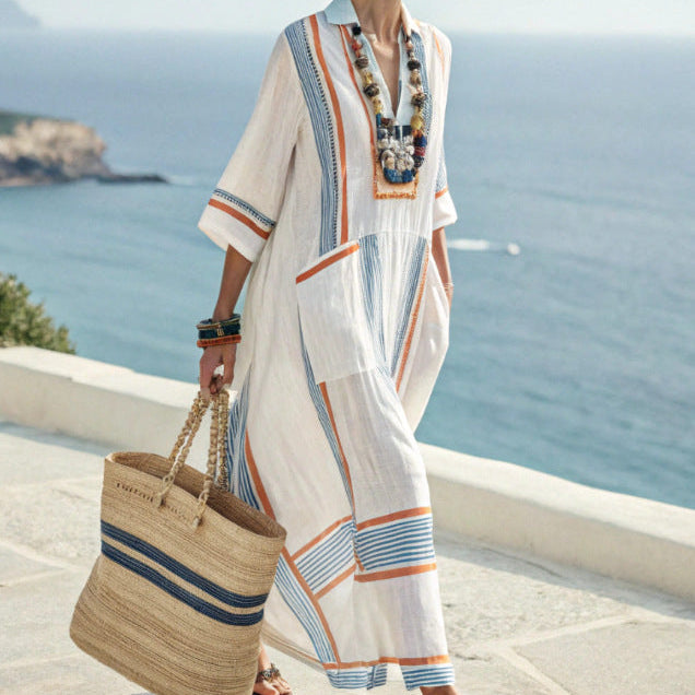 Abito caftano maxi bohémien a righe da donna – bianco blu arancione, stile estivo