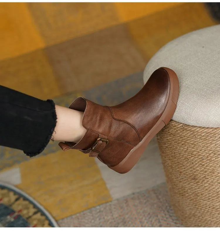 Stivali marroni vintage ed eleganti da donna – Stivaletti in pelle con suola piatta in gomma