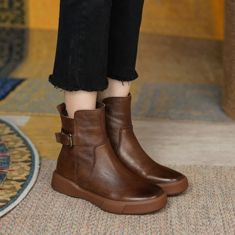 Stivali marroni vintage ed eleganti da donna – Stivaletti in pelle con suola piatta in gomma