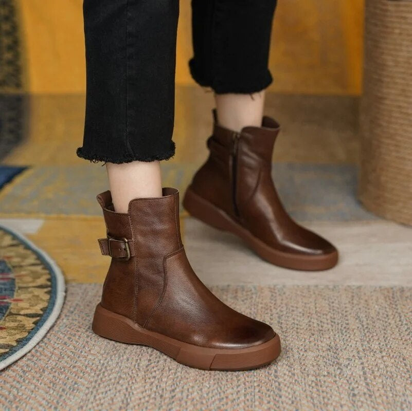 Stivali marroni vintage ed eleganti da donna – Stivaletti in pelle con suola piatta in gomma