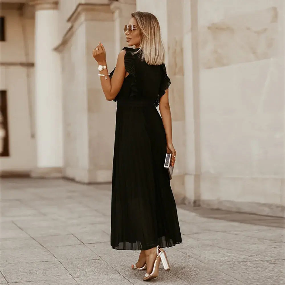 Elegante abito lungo senza maniche con volant per donna – Abito estivo plissettato con scollo a V
