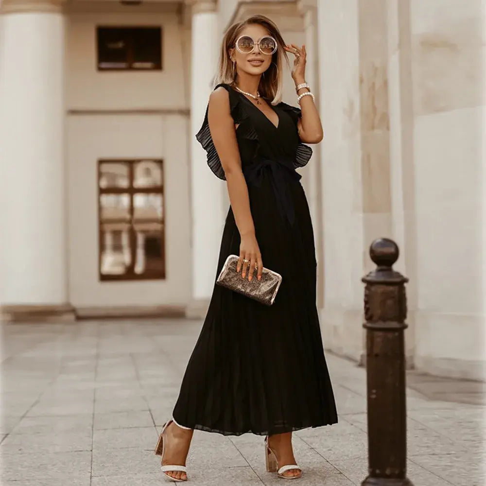 Elegante abito lungo senza maniche con volant per donna – Abito estivo plissettato con scollo a V