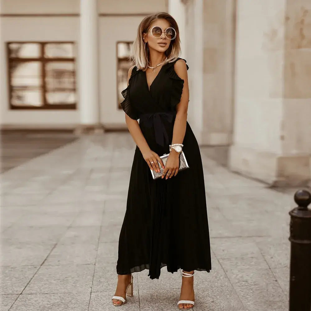 Elegante abito lungo senza maniche con volant per donna – Abito estivo plissettato con scollo a V