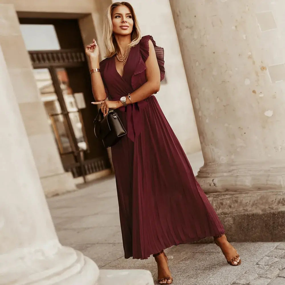 Elegante abito lungo senza maniche con volant per donna – Abito estivo plissettato con scollo a V