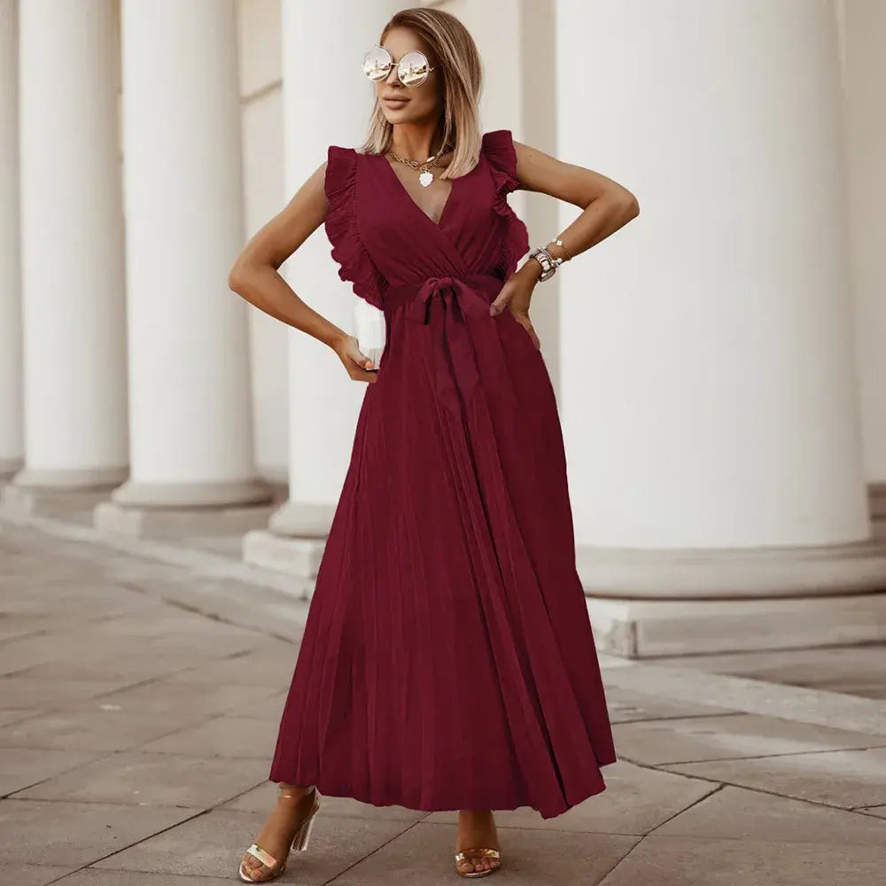 Elegante abito lungo senza maniche con volant per donna – Abito estivo plissettato con scollo a V