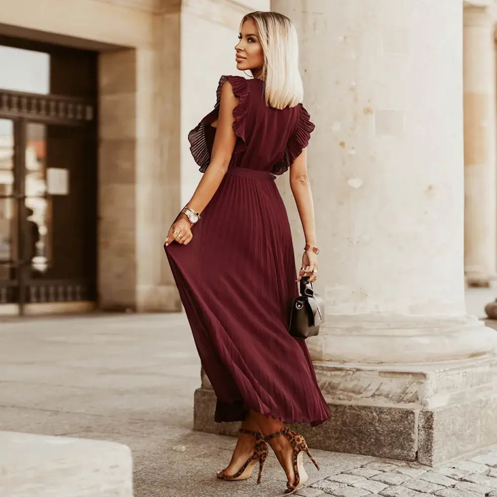 Elegante abito lungo senza maniche con volant per donna – Abito estivo plissettato con scollo a V