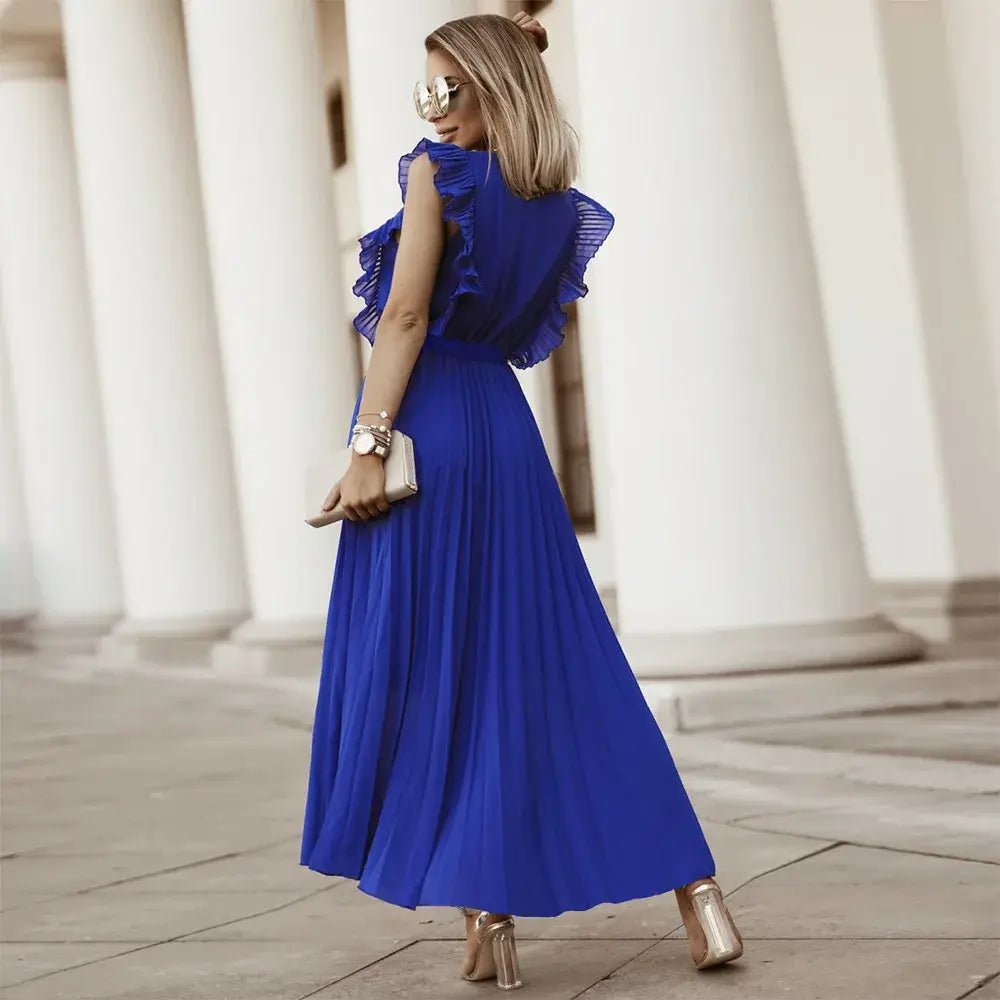 Elegante abito lungo senza maniche con volant per donna – Abito estivo plissettato con scollo a V