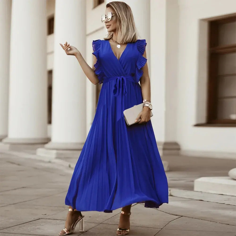 Elegante abito lungo senza maniche con volant per donna – Abito estivo plissettato con scollo a V
