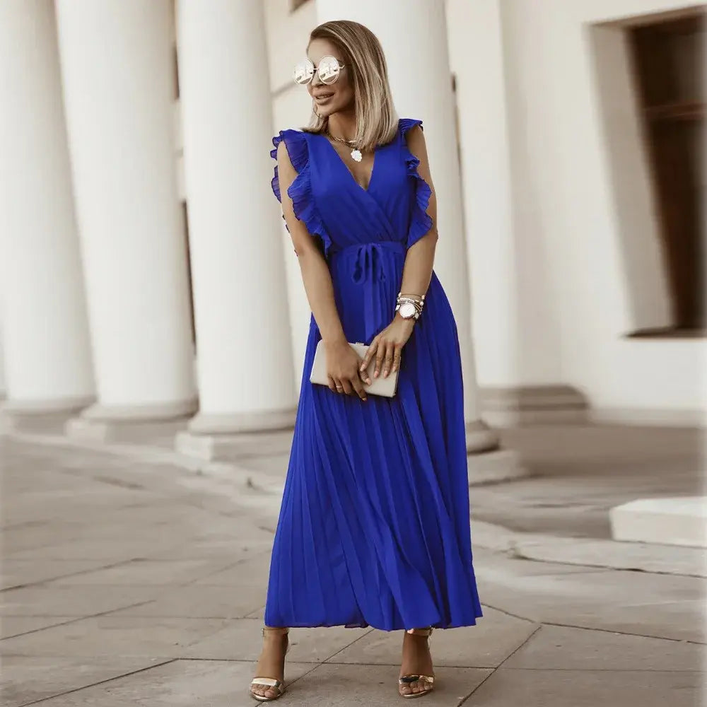 Elegante abito lungo senza maniche con volant per donna – Abito estivo plissettato con scollo a V