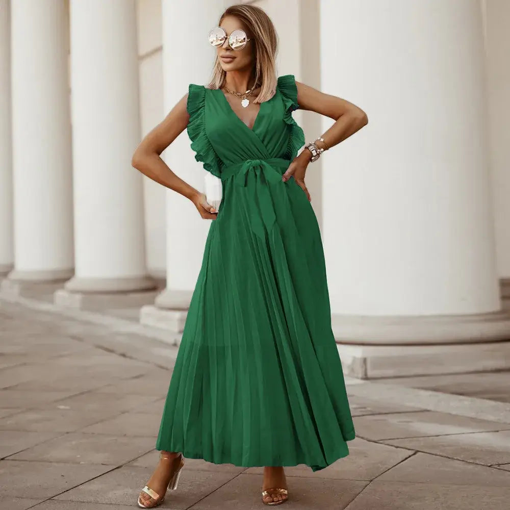 Elegante abito lungo senza maniche con volant per donna – Abito estivo plissettato con scollo a V