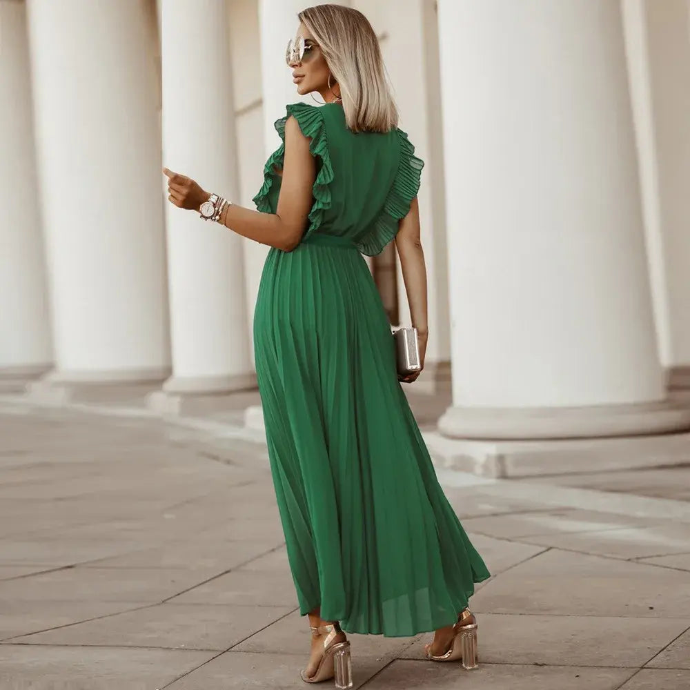 Elegante abito lungo senza maniche con volant per donna – Abito estivo plissettato con scollo a V