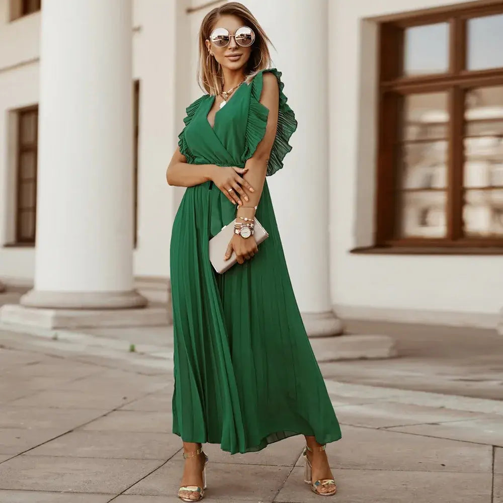 Elegante abito lungo senza maniche con volant per donna – Abito estivo plissettato con scollo a V
