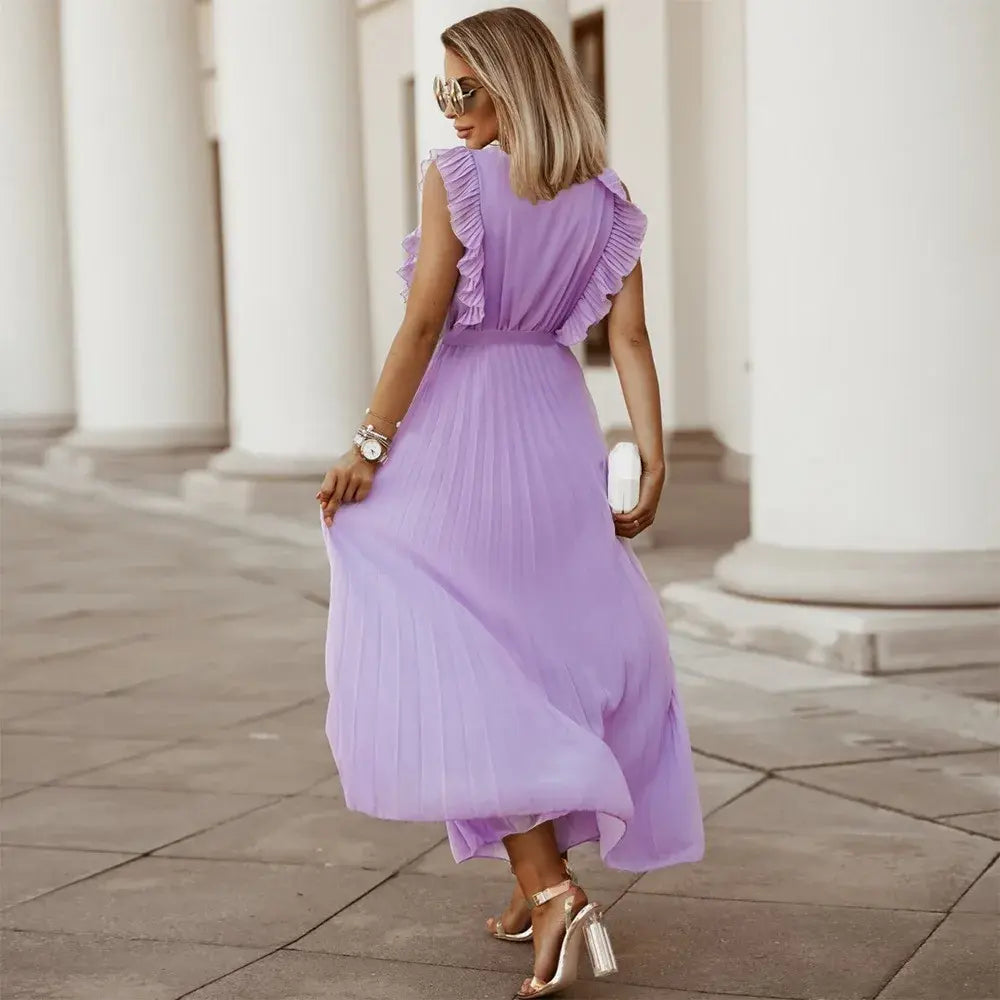 Elegante abito lungo senza maniche con volant per donna – Abito estivo plissettato con scollo a V