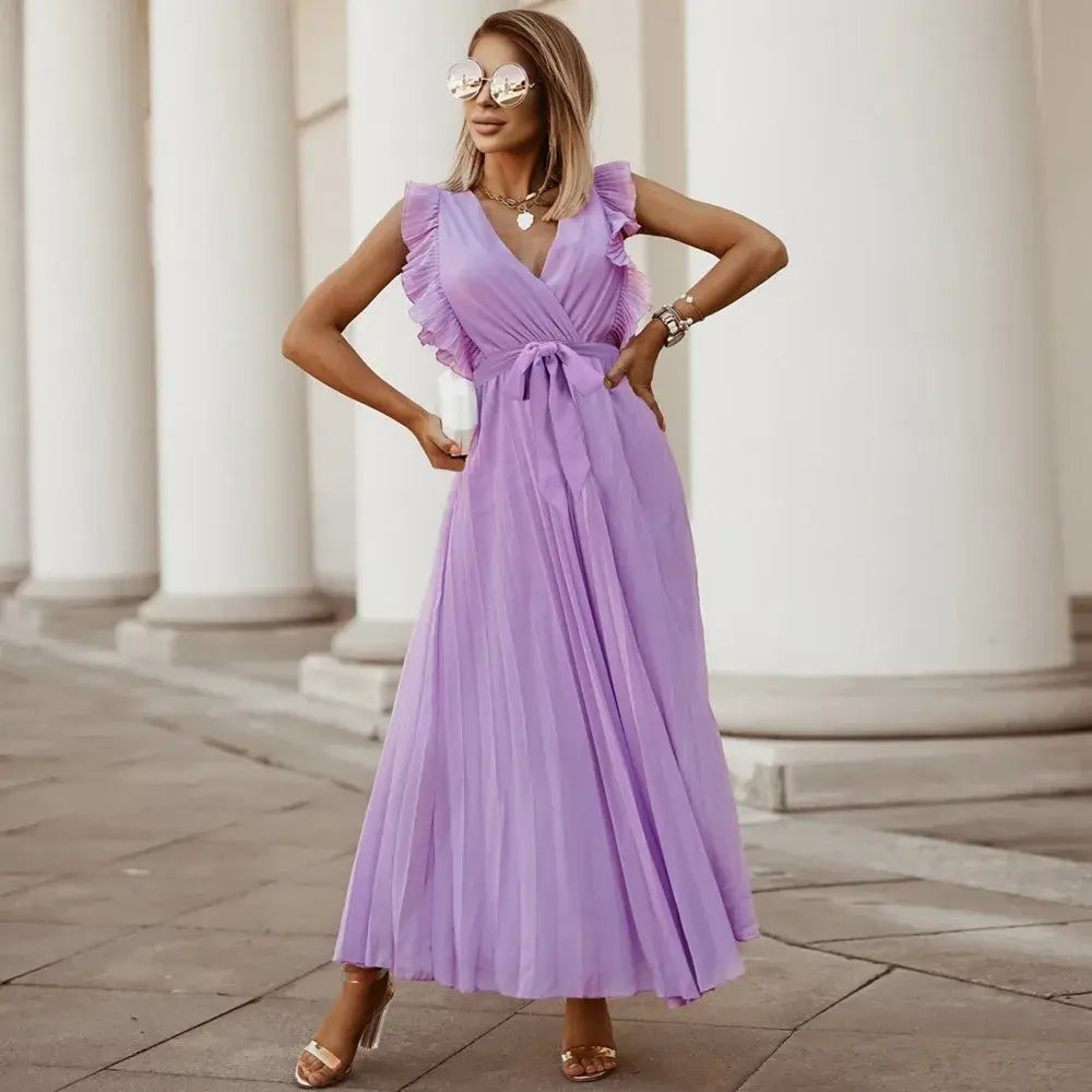 Elegante abito lungo senza maniche con volant per donna – Abito estivo plissettato con scollo a V