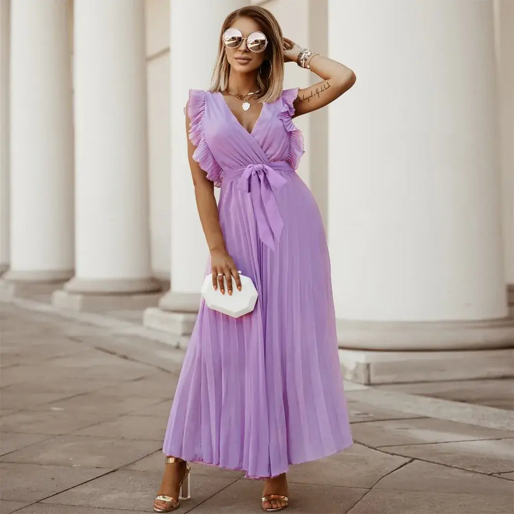 Elegante abito lungo senza maniche con volant per donna – Abito estivo plissettato con scollo a V